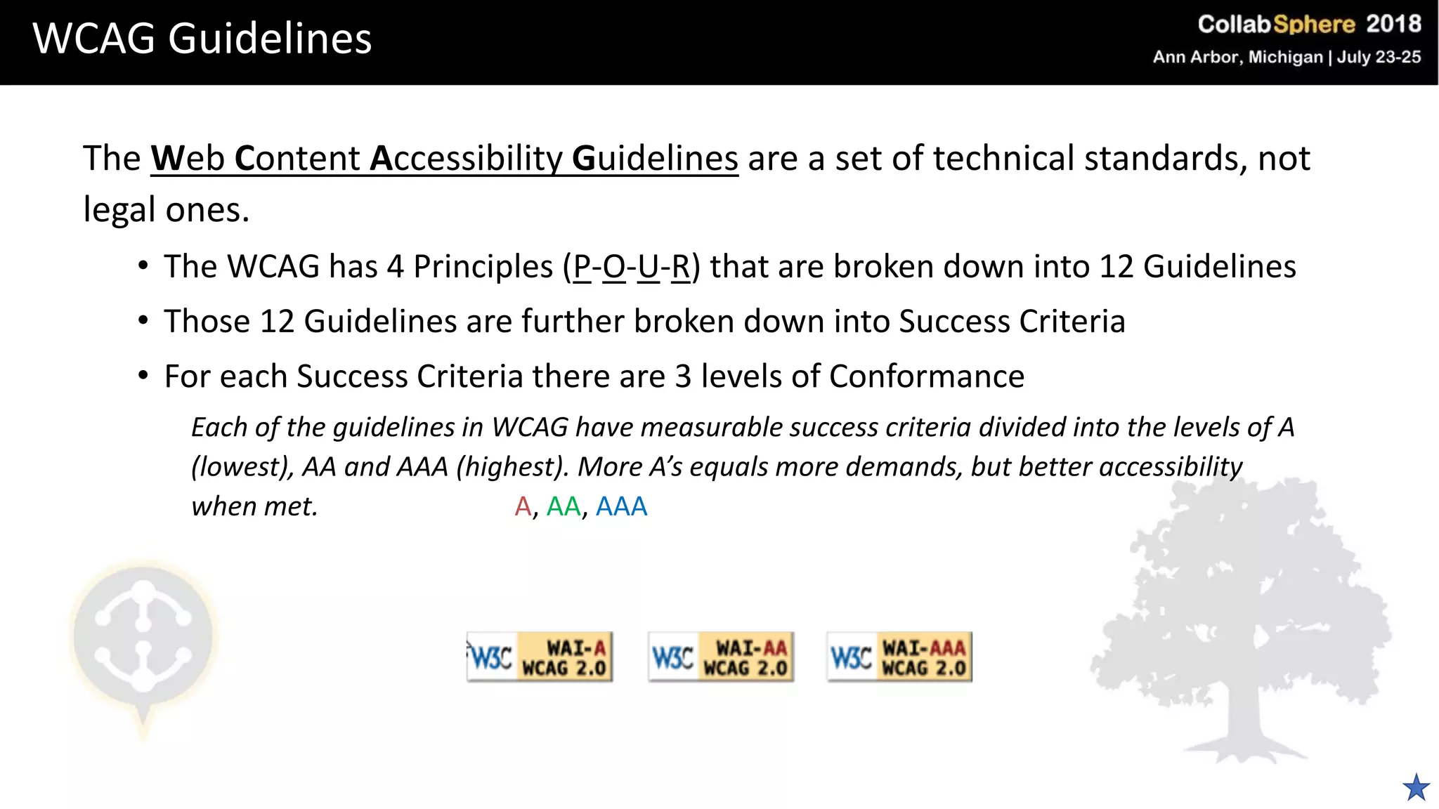 WCAG Guidelines
The Web Content Accessibility Guidelines are a set of technical standards, not
legal ones.
• The WCAG has 4 Principles (P-O-U-R) that are broken down into 12 Guidelines
• Those 12 Guidelines are further broken down into Success Criteria
• For each Success Criteria there are 3 levels of Conformance
Each of the guidelines in WCAG have measurable success criteria divided into the levels of A
(lowest), AA and AAA (highest). More A’s equals more demands, but better accessibility
when met. A, AA, AAA
 