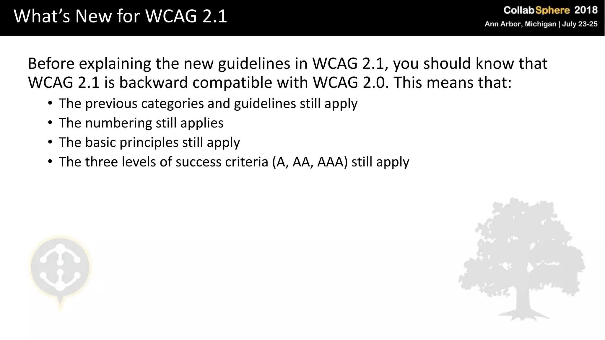 What’s New for WCAG 2.1
Before explaining the new guidelines in WCAG 2.1, you should know that
WCAG 2.1 is backward compatible with WCAG 2.0. This means that:
• The previous categories and guidelines still apply
• The numbering still applies
• The basic principles still apply
• The three levels of success criteria (A, AA, AAA) still apply
 
