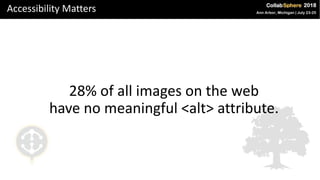 Accessibility Matters
28% of all images on the web
have no meaningful <alt> attribute.
 