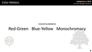 Color Matters
COLOR BLINDNESS
Red-Green Blue-Yellow Monochromacy
 