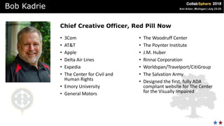 • 3Com
• AT&T
• Apple
• Delta Air Lines
• Expedia
• The Center for Civil and
Human Rights
• Emory University
• General Motors
• The Woodruff Center
• The Poynter Institute
• J.M. Huber
• Rinnai Corporation
• Worldspan/Travelport/CitiGroup
• The Salvation Army
• Designed the first, fully ADA
compliant website for The Center
for the Visually Impaired
Chief Creative Officer, Red Pill Now
Bob Kadrie
 