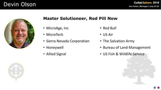 • MicroAge, Inc
• MicroTech
• Sierra Nevada Corporation
• Honeywell
• Allied Signal
• Red Bull
• US Air
• The Salvation Army
• Bureau of Land Management
• US Fish & Wildlife Service
Master Solutioneer, Red Pill Now
Devin Olson
 