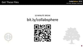 Get These Files
10 MINUTE BREAK
bit.ly/collabsphere
 