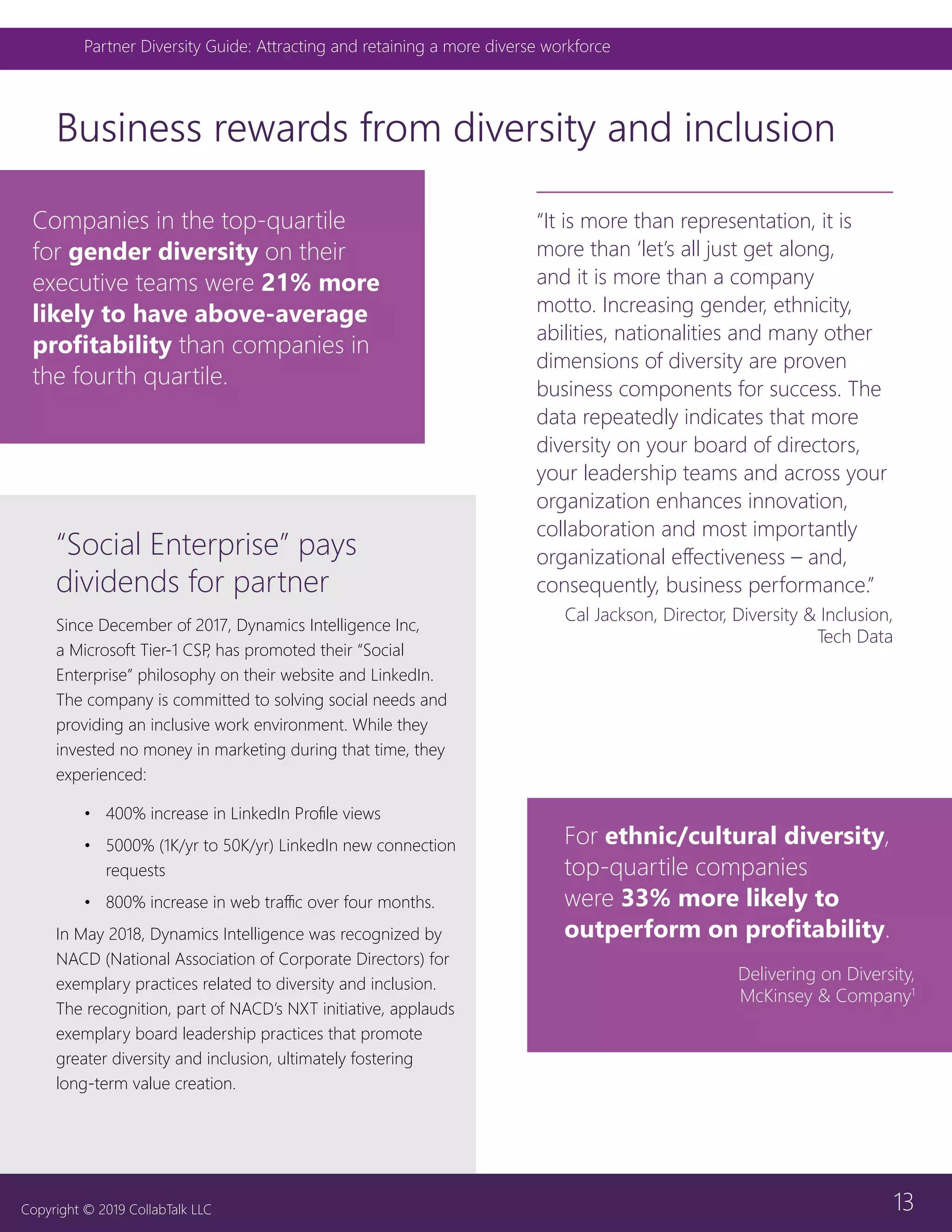 13
Partner Diversity Guide: Attracting and retaining a more diverse workforce
Copyright © 2019 CollabTalk LLC
Business rewards from diversity and inclusion
“It is more than representation, it is
more than ‘let’s all just get along,
and it is more than a company
motto. Increasing gender, ethnicity,
abilities, nationalities and many other
dimensions of diversity are proven
business components for success. The
data repeatedly indicates that more
diversity on your board of directors,
your leadership teams and across your
organization enhances innovation,
collaboration and most importantly
organizational effectiveness – and,
consequently, business performance.”
Cal Jackson, Director, Diversity & Inclusion,
Tech Data
“Social Enterprise” pays
dividends for partner
Since December of 2017, Dynamics Intelligence Inc,
a Microsoft Tier-1 CSP, has promoted their “Social
Enterprise” philosophy on their website and LinkedIn.
The company is committed to solving social needs and
providing an inclusive work environment. While they
invested no money in marketing during that time, they
experienced:
•	 400% increase in LinkedIn Profile views
•	 5000% (1K/yr to 50K/yr) LinkedIn new connection
requests
•	 800% increase in web traffic over four months.
In May 2018, Dynamics Intelligence was recognized by
NACD (National Association of Corporate Directors) for
exemplary practices related to diversity and inclusion.
The recognition, part of NACD’s NXT initiative, applauds
exemplary board leadership practices that promote
greater diversity and inclusion, ultimately fostering
long-term value creation.
For ethnic/cultural diversity,
top-quartile companies
were 33% more likely to
outperform on profitability.
Delivering on Diversity,
McKinsey & Company1
Companies in the top-quartile
for gender diversity on their
executive teams were 21% more
likely to have above-average
profitability than companies in
the fourth quartile.
 