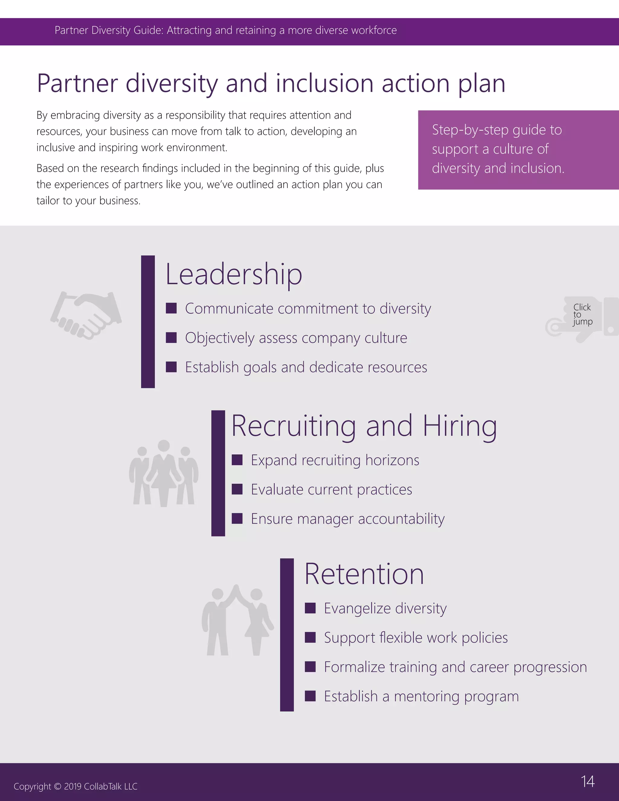 14
Partner Diversity Guide: Attracting and retaining a more diverse workforce
Copyright © 2019 CollabTalk LLC
Partner diversity and inclusion action plan
Step-by-step guide to
support a culture of
diversity and inclusion.
By embracing diversity as a responsibility that requires attention and
resources, your business can move from talk to action, developing an
inclusive and inspiring work environment.
Based on the research findings included in the beginning of this guide, plus
the experiences of partners like you, we’ve outlined an action plan you can
tailor to your business.
Leadership
■■ Communicate commitment to diversity
■■ Objectively assess company culture
■■ Establish goals and dedicate resources
Recruiting and Hiring
■■ Expand recruiting horizons
■■ Evaluate current practices
■■ Ensure manager accountability
Retention
■■ Evangelize diversity
■■ Support flexible work policies
■■ Formalize training and career progression
■■ Establish a mentoring program
Click
to
jump
 