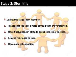  During this stage team members:
1. Realize that the task is more difficult than they imagined.
2. Have fluctuations in attitude about chances of success.
3. May be resistance to task.
4. Have poor collaboration.
Stage 2: Storming
 