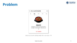 Problem
TEAM COLLABU 3
영남대 인근 순대국 전문점의 배달 주문 시 표시되는 가격
 