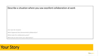Your Story
What was the situation
What happened that demonstrated collaboration?
What made the collaboration great?
What did you learn from your observation?
Describe a situation where you saw excellent collaboration at work
 