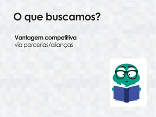 O que buscamos?
Vantagem competitiva
via parcerias/alianças