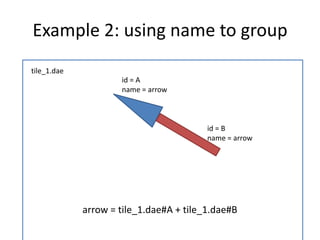 Example 2: using name to grouptile_1.daeid = Aname = arrowid = Bname = arrowarrow = tile_1.dae#A + tile_1.dae#B