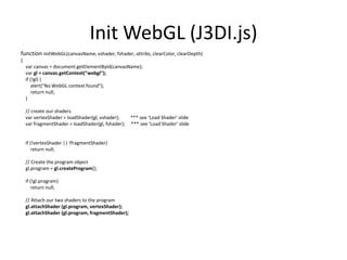InitWebGL (J3DI.js)function initWebGL(canvasName, vshader, fshader, attribs, clearColor, clearDepth){var canvas = document.getElementById(canvasName);vargl = canvas.getContext("webgl");    if (!gl) {        alert("No WebGL context found");        return null;    }    // create our shadersvarvertexShader = loadShader(gl, vshader);         *** see ‘Load Shader’ slidevarfragmentShader = loadShader(gl, fshader);    *** see ‘Load Shader’ slide    if (!vertexShader || !fragmentShader)        return null;    // Create the program objectgl.program = gl.createProgram();    if (!gl.program)        return null;    // Attach our two shaders to the programgl.attachShader (gl.program, vertexShader);gl.attachShader (gl.program, fragmentShader);
