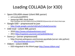 Loading COLLADA (or X3D)Spore COLLADA viewer (client XML parser)xml.evaluate(XPATH)Javascript XML cheat sheet http://weblogs.asp.net/rrobbins/archive/2008/09/10/javascript-xml-cheat-sheet.aspxGoogle O3D – preprocessed to jsonhttp://code.google.com/p/o3d/wiki/ColladaConverterO3D mod – (client XML parser)2010 http://www.colladawebviewer.com/2011 http://capstone.azurenet.net/web3d/demo/Scene js – (server preprocessed)http://scenejs.wikispaces.com/scenejs-pycollada (server side python)http://pycollada.github.com/ (PyCollada)X3dom – (client DOM)X3D integrated in the Xhtml page http://www.x3dom.org/