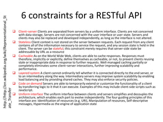 6 constraints for a RESTful APIClient–server Clients are separated from servers by a uniform interface. Clients are not concerned with data storage, Servers are not concerned with the user interface or user state. Servers and clients may also be replaced and developed independently, as long as the interface is not altered.