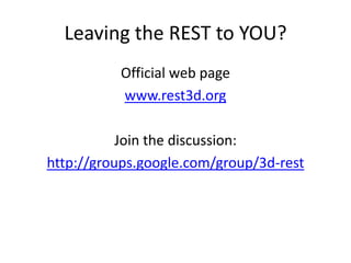 Use case 1 – content gatheringProgram interface to content repositories. Current state requires human in the loop, and content creation tool to explore the model.http://sketchup.google.com/3dwarehouse/http://www.3dvia.com/http://www.3dcadbrowser.com/http://www.3d02.com/http://www.turbosquid.com/…