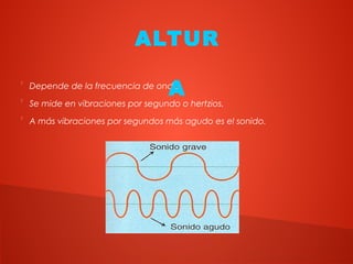 
Depende de la frecuencia de onda.

Se mide en vibraciones por segundo o hertzios.

A más vibraciones por segundos más agudo es el sonido.
ALTUR
A
 