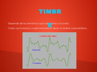 
Depende de los armónicos que dan forma a la onda.

Cada voz humana y cada instrumento tiene un timbre característico.
TIMBR
E
 