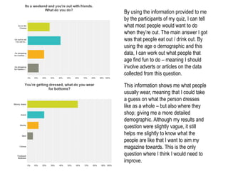 By using the information provided to me
by the participants of my quiz, I can tell
what most people would want to do
when they’re out. The main answer I got
was that people eat out / drink out. By
using the age o demographic and this
data, I can work out what people that
age find fun to do – meaning I should
involve adverts or articles on the data
collected from this question.
This information shows me what people
usually wear, meaning that I could take
a guess on what the person dresses
like as a whole – but also where they
shop; giving me a more detailed
demographic. Although my results and
question were slightly vague, it still
helps me slightly to know what the
people are like that I want to aim my
magazine towards. This is the only
question where I think I would need to
improve.
 