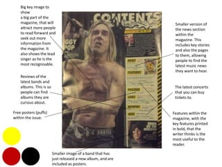 Big key image to
show
a big part of the
magazine, that will
attract more people
to read forward and
seek out more
information from
the magazine. It
also shows the lead
singer as he is the
most recognisable.
Smaller version of
the news section
within the
magazine. This
includes key stories
and also the pages
to them, allowing
people to find the
latest music news
they want to hear.
Features within the
magazine, with the
key features printed
in bold, that the
writer thinks is the
most useful to the
reader.
The latest concerts
that you can buy
tickets to.
Reviews of the
latest bands and
albums. This is so
people can find
albums they are
curious about.
Free posters (puffs)
within the issue.
Smaller image of a band that has
just released a new album, and are
included as posters.
 