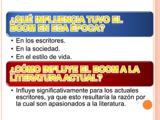 • En los escritores.
• En la sociedad.
• En el estilo de vida.




• Influye significativamente para los actuales
  escritores, ya que esto resultaría la razón por
  la cual son apasionados a la literatura.
 