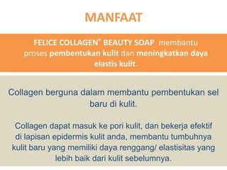 MANFAAT
      FELICE COLLAGEN® BEAUTY SOAP membantu
   proses pembentukan kulit dan meningkatkan daya
                    elastis kulit.


Collagen berguna dalam membantu pembentukan sel
                   baru di kulit.

 Collagen dapat masuk ke pori kulit, dan bekerja efektif
 di lapisan epidermis kulit anda, membantu tumbuhnya
kulit baru yang memiliki daya renggang/ elastisitas yang
             lebih baik dari kulit sebelumnya.
 