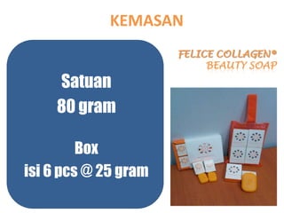 KEMASAN
                      FELICE COLLAGEN®
                           BEAUTY SOAP

     Satuan
     80 gram

         Box
isi 6 pcs @ 25 gram
 