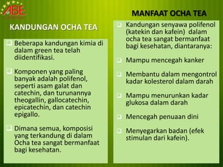 MANFAAT OCHA TEA
 KANDUNGAN OCHA TEA                Kandungan senyawa polifenol
                                    (katekin dan kafein) dalam
                                    ocha tea sangat bermanfaat
 Beberapa kandungan kimia di       bagi kesehatan, diantaranya:
  dalam green tea telah
  diidentifikasi.                  Mampu mencegah kanker
 Komponen yang paling             Membantu dalam mengontrol
  banyak adalah polifenol,          kadar kolesterol dalam darah
  seperti asam galat dan
  catechin, dan turunannya         Mampu menurunkan kadar
  theogallin, gallocatechin,        glukosa dalam darah
  epicatechin, dan catechin
  epigallo.                        Mencegah penuaan dini
 Dimana semua, komposisi          Menyegarkan badan (efek
  yang terkandung di dalam          stimulan dari kafein).
  Ocha tea sangat bermanfaat
  bagi kesehatan.
 