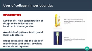 34
Uses of collagen in periodontics
DRUG Delivery
Key benefit- high concentration of
drug can be delivered and
localized in the target site .
Avoid risk of systemic toxicity and
their side effects.
Drugs are loaded into the collagen
membranes by H bonds, covalent
or simple entrapment.
 