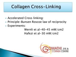  Accelerated Cross linking:
 Principle-Bunsen Roscoe law of reciprocity
 Experiments:
Wernli et al-40-45 mW/cm2
Hafezi et al-30 mW/cm2
 