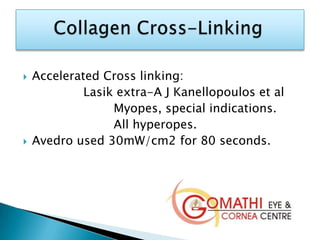  Accelerated Cross linking:
Lasik extra-A J Kanellopoulos et al
Myopes, special indications.
All hyperopes.
 Avedro used 30mW/cm2 for 80 seconds.
 