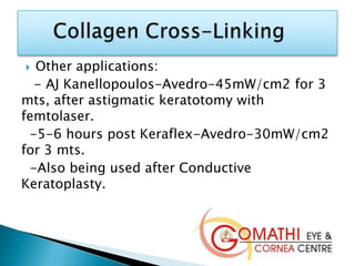  Other applications:
- AJ Kanellopoulos-Avedro-45mW/cm2 for 3
mts, after astigmatic keratotomy with
femtolaser.
-5-6 hours post Keraflex-Avedro-30mW/cm2
for 3 mts.
-Also being used after Conductive
Keratoplasty.
 
