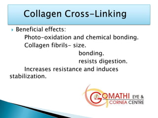  Beneficial effects:
Photo-oxidation and chemical bonding.
Collagen fibrils- size.
bonding.
resists digestion.
Increases resistance and induces
stabilization.
 