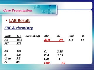 Case Presentation
CBC & chemistry
WBC 5.5 normal diff
HB 16.2
PLT 379
Na 144
K 3.8
Urea 3.5
Cr 80
• LAB Result
ALP 56 T.Bili 8
ALB 29 ALT 11
Ca 2.38
Po4 1.05
ESR 1
CRP 65
 