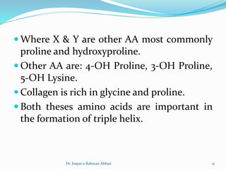  Where X & Y are other AA most commonly
proline and hydroxyproline.
 Other AA are: 4-OH Proline, 3-OH Proline,
5-OH Lysine.
 Collagen is rich in glycine and proline.
 Both theses amino acids are important in
the formation of triple helix.
Dr. Inayat u Rahman Abbasi 12
 