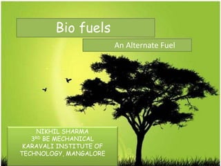 Bio fuels
An Alternate Fuel
NIKHIL SHARMA
3RD BE MECHANICAL
KARAVALI INSTITUTE OF
TECHNOLOGY, MANGALORE
 