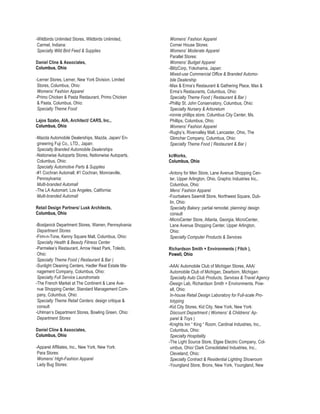-Wildbirds Unlimited Stores, Wildbirds Unlimited,       Womens’ Fashion Apparel
 Carmel, Indiana:                                       Corner House Stores:
 Specialty Wild Bird Feed & Supplies                    Womens’ Moderate Apparel
                                                        Parallel Stores:
Daniel Cline & Associates,                              Womens’ Budget Apparel
Columbus, Ohio                                         -BlitzCorp, Yokohama, Japan:
                                                        Mixed-use Commercial Office & Branded Automo-
-Lerner Stores, Lerner, New York Division, Limited      bile Dealership
 Stores, Columbus, Ohio:                               -Max & Erma’s Restaurant & Gathering Place, Max &
 Womens’ Fashion Apparel                                Erma’s Restaurants, Columbus, Ohio:
-Primo Chicken & Pasta Restaurant, Primo Chicken        Specialty Theme Food ( Restaurant & Bar )
 & Pasta, Columbus, Ohio:                              -Phillip St. John Conservatory, Columbus, Ohio:
 Specialty Theme Food                                   Specialty Nursery & Arboretum
                                                       -ronnie phillips store, Columbus City Center, Ms.
Lajos Szabo, AIA, Architect/ CARS, Inc.,                Phillips, Columbus, Ohio:
Columbus, Ohio                                          Womens’ Fashion Apparel
                                                       -Rugby’s, Rivervalley Mall, Lancaster, Ohio, The
-Mazda Automobile Dealerships, Mazda, Japan/ En-        Glimcher Company, Columbus, Ohio:
 gineering Fuji Co., LTD., Japan:                       Specialty Theme Food ( Restaurant & Bar )
 Specialty Branded Automobile Dealerships
-Nationwise Autoparts Stores, Nationwise Autoparts,    kcWorks,
 Columbus, Ohio:                                       Columbus, Ohio
 Specialty Automotive Parts & Supplies
-#1 Cochran Automall, #1 Cochran, Monroeville,         -Antony for Men Store, Lane Avenue Shopping Cen-
 Pennsylvania:                                          ter, Upper Arlington, Ohio, Graphic Industries Inc.,
 Multi-branded Automall                                 Columbus, Ohio:
-The LA Automart, Los Angeles, California:              Mens’ Fashion Apparel
 Multi-branded Automall                                -Fourbakers Sawmill Store, Northwest Square, Dub-
                                                        lin, Ohio:
Retail Design Partners/ Lusk Architects,                Specialty Bakery: partial remodel, planning/ design
Columbus, Ohio                                          consult
                                                       -MicroCenter Store, Atlanta, Georgia, MicroCenter,
-Bostjanick Department Stores, Warren, Pennsylvania:    Lane Avenue Shopping Center, Upper Arlington,
 Department Stores                                      Ohio:
-Firm-n-Tone, Kenny Square Mall, Columbus, Ohio:        Specialty Computer Products & Services
 Specialty Health & Beauty Fitness Center
-Parmelee’s Restaurant, Arrow Head Park, Toledo,       Richardson Smith + Environments ( Fitch ),
 Ohio:                                                 Powell, Ohio
 Specialty Theme Food ( Restaurant & Bar )
-Sunlight Cleaning Centers, Hadler Real Estate Ma-     -AAA/ Automobile Club of Michigan Stores, AAA/
 nagement Company, Columbus, Ohio:                      Automobile Club of Michigan, Dearborn, Michigan:
 Specialty Full Service Laundromats                     Specialty Auto Club Products, Services & Travel Agency
-The French Market at The Continent & Lane Ave-        -Design Lab, Richardson Smith + Environments, Pow-
 nue Shopping Center, Standard Management Com-          ell, Ohio:
 pany, Columbus, Ohio:                                  In-house Retail Design Laboratory for Full-scale Pro-
 Specialty Theme Retail Centers: design critique &      totyping
 consult                                               -Kid City Stores, Kid City, New York, New York:
-Uhlman’s Department Stores, Bowling Green, Ohio:       Discount Department ( Womens’ & Childrens’ Ap-
 Department Stores                                      parel & Toys )
                                                       -Knights Inn “ King “ Room, Cardinal Industries, Inc.,
Daniel Cline & Associates,                              Columbus, Ohio:
Columbus, Ohio                                          Specialty Hospitality
                                                       -The Light Source Store, Elgee Electric Company, Col-
-Apparel Affiliates, Inc., New York, New York:          umbus, Ohio/ Clark Consolidated Industries, Inc.,
 Para Stores:                                           Cleveland, Ohio:
 Womens’ High-Fashion Apparel                           Specialty Contract & Residential Lighting Showroom
 Lady Bug Stores:                                      -Youngland Store, Bronx, New York, Youngland, New
 