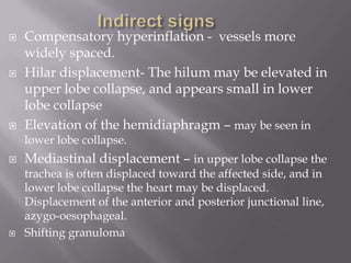  Compensatory hyperinflation - vessels more
widely spaced.
 Hilar displacement- The hilum may be elevated in
upper lobe collapse, and appears small in lower
lobe collapse
 Elevation of the hemidiaphragm – may be seen in
lower lobe collapse.
 Mediastinal displacement – in upper lobe collapse the
trachea is often displaced toward the affected side, and in
lower lobe collapse the heart may be displaced.
Displacement of the anterior and posterior junctional line,
azygo-oesophageal.
 Shifting granuloma
 