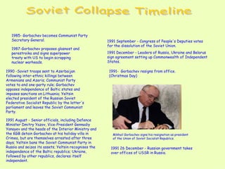 Soviet Collapse Timeline 1985- Gorbachev becomes Communist Party Secretary General. 1987-Gorbachev proposes glasnost and perestroika and signs superpower treaty with US to begin scrapping nuclear warheads. 1991-  Gorbachev resigns from office. (Christmas Day) 1990 -Soviet troops sent to Azerbaijan following inter-ethnic killings between Armenians and Azeris; Communist Party votes to end one-party rule; Gorbachev opposes independence of Baltic states and imposes sanctions on Lithuania; Yeltsin elected president of the Russian Soviet Federative Socialist Republic by the latter's parliament and leaves the Soviet Communist Party. 1991 August - Senior officials, including Defence Minister Dmitry Yazov, Vice-President Gennadiy Yanayev and the heads of the Interior Ministry and the KGB detain Gorbachev at his holiday villa in Crimea, but are themselves arrested after three days; Yeltsin bans the Soviet Communist Party in Russia and seizes its assets; Yeltsin recognises the independence of the Baltic republics; Ukraine, followed by other republics, declares itself independent. 1991 September - Congress of People's Deputies votes for the dissolution of the Soviet Union. 1991 December - Leaders of Russia, Ukraine and Belarus sign agreement setting up Commonwealth of Independent States. 1991 26 December - Russian government takes over offices of USSR in Russia. Mikhail Gorbachev signs his resignation as president of the Union of Soviet Socialist Republics. 
