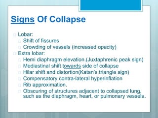 Signs Of Collapse 
 Lobar: 
 Shift of fissures 
 Crowding of vessels (increased opacity) 
 Extra lobar: 
 Hemi diaphragm elevation.(Juxtaphrenic peak sign) 
 Mediastinal shift towards side of collapse 
 Hilar shift and distortion(Katan’s triangle sign) 
 Compensatory contra-lateral hyperinflation 
 Rib approximation. 
 Obscuring of structures adjacent to collapsed lung, 
such as the diaphragm, heart, or pulmonary vessels. 
 