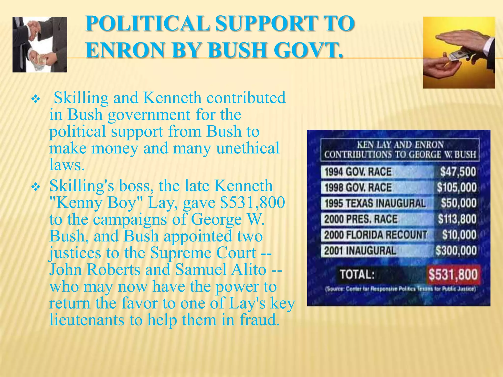 POLITICAL SUPPORT TO
ENRON BY BUSH GOVT.
 Skilling and Kenneth contributed
in Bush government for the
political support from Bush to
make money and many unethical
laws.
 Skilling's boss, the late Kenneth
"Kenny Boy" Lay, gave $531,800
to the campaigns of George W.
Bush, and Bush appointed two
justices to the Supreme Court --
John Roberts and Samuel Alito --
who may now have the power to
return the favor to one of Lay's key
lieutenants to help them in fraud.
 