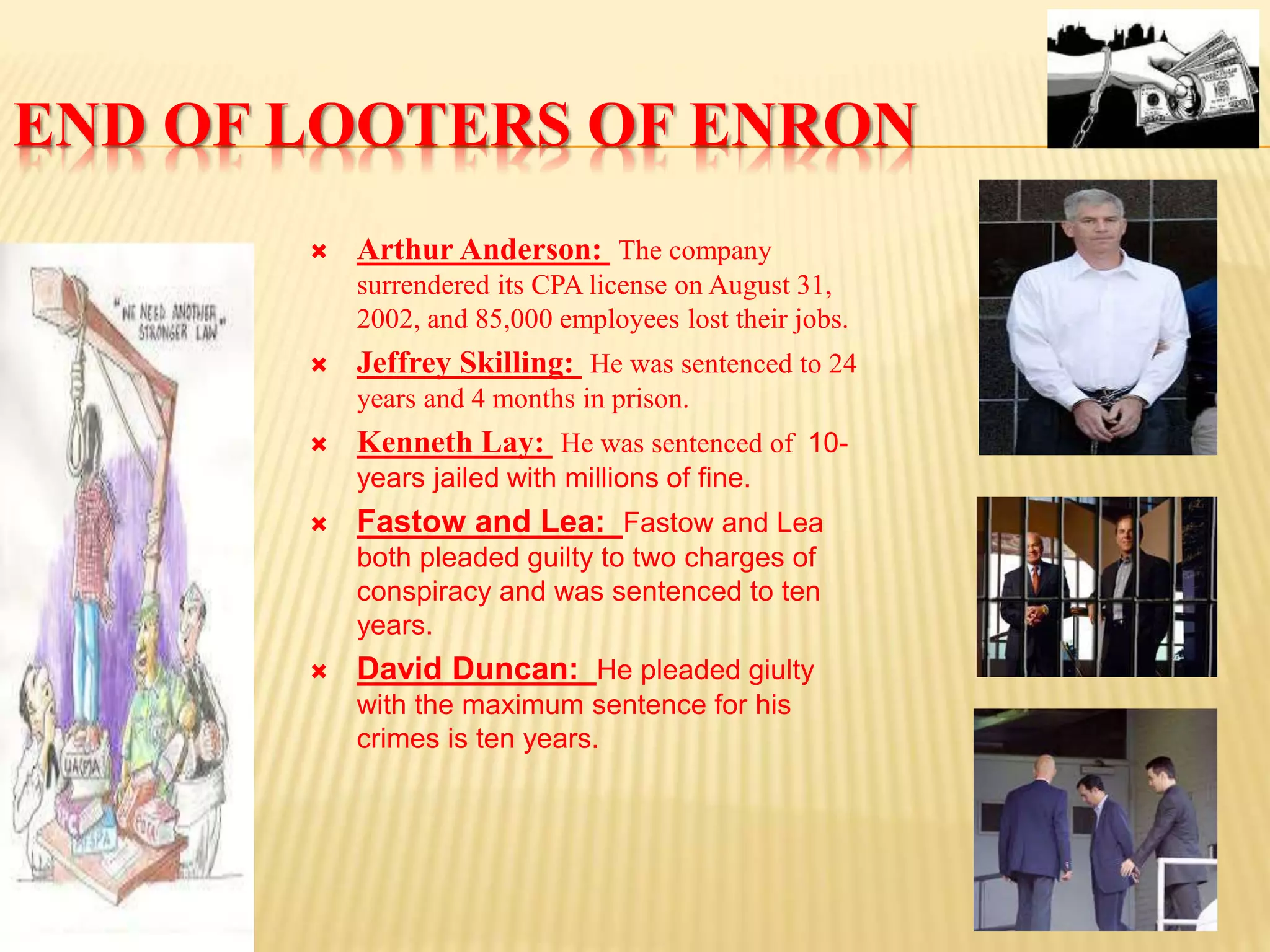 END OF LOOTERS OF ENRON
 Arthur Anderson: The company
surrendered its CPA license on August 31,
2002, and 85,000 employees lost their jobs.
 Jeffrey Skilling: He was sentenced to 24
years and 4 months in prison.
 Kenneth Lay: He was sentenced of 10-
years jailed with millions of fine.
 Fastow and Lea: Fastow and Lea
both pleaded guilty to two charges of
conspiracy and was sentenced to ten
years.
 David Duncan: He pleaded giulty
with the maximum sentence for his
crimes is ten years.
 