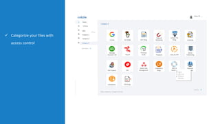 ü Categorize your files with
access control
Home
Utilities
Category 2
2020 c Codelattice. All Rights Reserved
Category 3
Category 3
Category 1
G Suite Go Daddy
Inbound
Marketing
Payroll
Income Tax
FIling Invoicing
Manage
Accounts- QB
Apps
GST Filing
DM Proposal SEO
Codelattice
Blogs
AMC &
Retainer
Payment
Gateway
Asana Task
Management
Proposals Sales & CRM
Server
Onboarding
Purchase
Order
Compliance TDS Filing
Add Category
Add More
Edit
Open
Edit Icon
Rename
Remove
 
