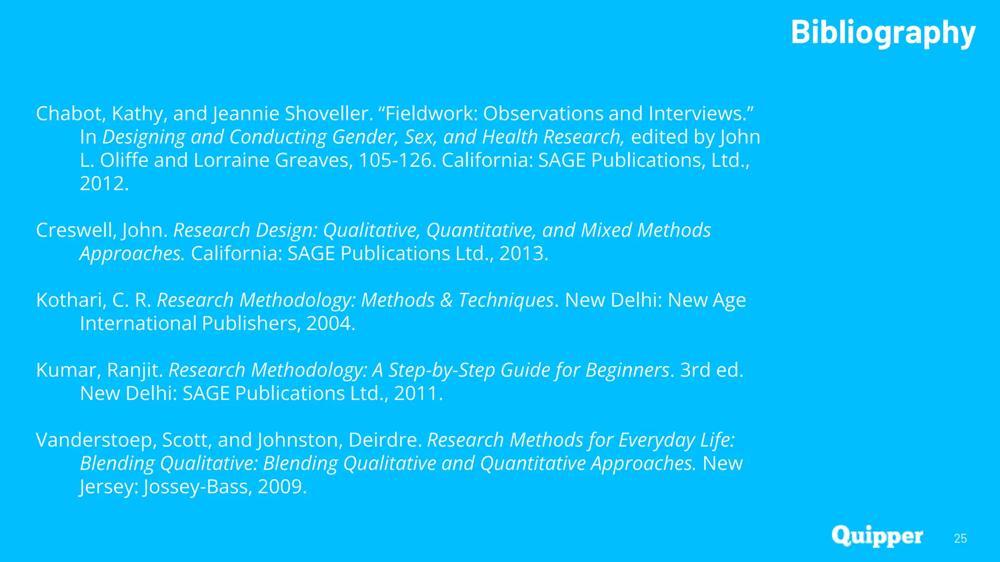 Bibliography
25
Chabot, Kathy, and Jeannie Shoveller. “Fieldwork: Observations and Interviews.”
In Designing and Conducting Gender, Sex, and Health Research, edited by John
L. Oliffe and Lorraine Greaves, 105-126. California: SAGE Publications, Ltd.,
2012.
Creswell, John. Research Design: Qualitative, Quantitative, and Mixed Methods
Approaches. California: SAGE Publications Ltd., 2013.
Kothari, C. R. Research Methodology: Methods & Techniques. New Delhi: New Age
International Publishers, 2004.
Kumar, Ranjit. Research Methodology: A Step-by-Step Guide for Beginners. 3rd ed.
New Delhi: SAGE Publications Ltd., 2011.
Vanderstoep, Scott, and Johnston, Deirdre. Research Methods for Everyday Life:
Blending Qualitative: Blending Qualitative and Quantitative Approaches. New
Jersey: Jossey-Bass, 2009.
 