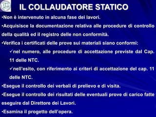 IL COLLAUDATORE STATICO
•Non è intervenuto in alcuna fase dei lavori.
•Acquisisce la documentazione relativa alle procedure di controllo
della qualità ed il registro delle non conformità.
•Verifica i certificati delle prove sui materiali siano conformi:
   nel numero, alle procedure di accettazione previste dal Cap.
   11 delle NTC.
   nell’esito, con riferimento ai criteri di accettazione del cap. 11
   delle NTC.
•Esegue il controllo dei verbali di prelievo e di visita.
•Esegue il controllo dei risultati delle eventuali prove di carico fatte
eseguire dal Direttore dei Lavori.
•Esamina il progetto dell’opera.
 