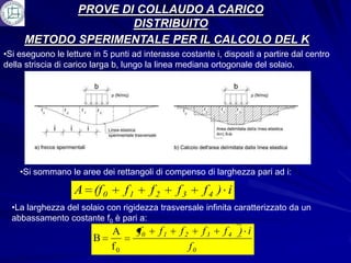 PROVE DI COLLAUDO A CARICO
                    DISTRIBUITO
     METODO SPERIMENTALE PER IL CALCOLO DEL K
•Si eseguono le letture in 5 punti ad interasse costante i, disposti a partire dal centro
della striscia di carico larga b, lungo la linea mediana ortogonale del solaio.




    •Si sommano le aree dei rettangoli di compenso di larghezza pari ad i:

                   A (f 0         f1        f2    f3        f4 ) i
  •La larghezza del solaio con rigidezza trasversale infinita caratterizzato da un
  abbassamento costante f0 è pari a:
                             A         f0    f1   f2        f3   f4 ) i
                        B
                             f0                        f0
 