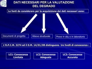DATI NECESSARI PER LA VALUTAZIONE
                    DEL DEGRADO
    Le fonti da considerare per la acquisizione dei dati necessari sono:




Documenti di progetto    Rilievo strutturale   Prove in situ e in laboratorio


L’O.P.C.M. 3274 ed il D.M. 14/01/08 distinguono tre livelli di conoscenza :



     LC1: Conoscenza        LC2: Conoscenza          LC3: Conoscenza
         Limitata              Adeguata                 Accurata
 