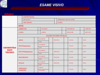 ESAME VISIVO

Scheda A
                  COMMITTENTE:
                  LOCALITA’:                              TIPOLOGIA MANUFATTO:

                  UBICAZIONE:                             CLIMA:

            NOTE:
            AMBIENTE                 CITTADINO                      INDUSTRIALE      AGRICOLO


            CLIMA                    MARINO                         COLLINARE        MONTANO


                                              ELEMENTI STRUTTURALI:
                                 CLS ARMATO
            ARCO:                                    MURATURA          ACCIAIO    MISTA
                                 C.A.P.

                                 CLS ARMATO
            TRAVI(impalcato)                                           ACCIAIO    MISTA

GEOMETRIA                        C.A.P.

   DATI                          CLS ARMATO
            PULVINO(impalcato)
 TECNICI
                                                     MURATURA          ACCIAIO    MISTA
                                 C.A.P.

                                 CLS ARMATO
            PILE/PILONI:                             MURATURA          ACCIAIO    MISTA
                                 C.A.P.

                                 CLS ARMATO
            SPALLE                                   MURATURA          ACCIAIO    MISTA
                                 C.A.P.

                                 ASSENTI
            TIPOLOGIA                                                  ACCIAIO    MISTA
            BARRIERE             NEW JERSEY
 