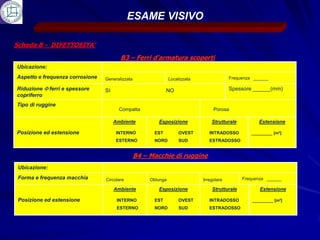 ESAME VISIVO

Scheda B - DIFETTOSITA’
                                         B3 – Ferri d’armatura scoperti
Ubicazione:
Aspetto e frequenza corrosione    Generalizzata                  Localizzata                Frequenza ______

Riduzione      ferri e spessore   SI                          NO                            Spessore ______(mm)
copriferro
Tipo di ruggine
                                         Compatta                                   Porosa

                                       Ambiente           Esposizione              Strutturale          Estensione

Posizione ed estensione                INTERNO          EST           OVEST       INTRADOSSO         _______ [m2]
                                       ESTERNO          NORD          SUD         ESTRADOSSO


                                                  B4 – Macchie di ruggine
 Ubicazione:
 Forma e frequenza macchia        Circolare            Oblunga                 Irregolare        Frequenza ______

                                       Ambiente           Esposizione              Strutturale          Estensione

 Posizione ed estensione                INTERNO         EST           OVEST       INTRADOSSO         _______ [m2]
                                        ESTERNO         NORD          SUD         ESTRADOSSO
 