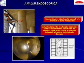 ANALISI ENDOSCOPICA




             Esame visivo in-situ di cavità naturali e/o
                 artificiali in punti inaccessibili.


         Individuazione della morfologia, tipologia e
           stato di conservazione superficiale dei
           materiali, solai, travi e tutte le strutture
             indagabili attraverso fori di piccolo
                            diametro
 