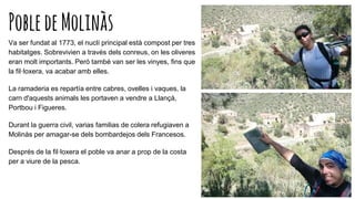 Va ser fundat al 1773, el nuclí principal està compost per tres
habitatges. Sobrevivien a través dels conreus, on les oliveres
eran molt importants. Peró també van ser les vinyes, fins que
la fil·loxera, va acabar amb elles.
La ramaderia es repartía entre cabres, ovelles i vaques, la
carn d'aquests animals les portaven a vendre a Llançà,
Portbou i Figueres.
Durant la guerra civil, varias familias de colera refugiaven a
Molinàs per amagar-se dels bombardejos dels Francesos.
Després de la fil·loxera el poble va anar a prop de la costa
per a viure de la pesca.
PobledeMolinàs
 