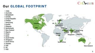 USA
Canada
Sweden
Congo
South Africa
Australia
New Zealand
India
Singapore
Saudi Arabia
Oman
UAE
UK
Netherland
India
Australia
Bangladesh
Canada
Congo Republic
Finland
Hong Kong
Kuwait
Malaysia
Netherlands
New Zealand
Nigeria
Oman
Qatar
Saudi Arabia
Singapore
South Africa
Sweden
UAE
UK
USA
1.
2.
3.
4.
5.
6.
7.
8.
9.
10.
11.
12.
13.
14.
15.
16.
17.
18.
19.
20.
21.
Kuwait
Bangladesh
Qatar
Nigeria
Finland
Hong Kong
Malaysia
Our GLOBAL FOOTPRINT
8
 